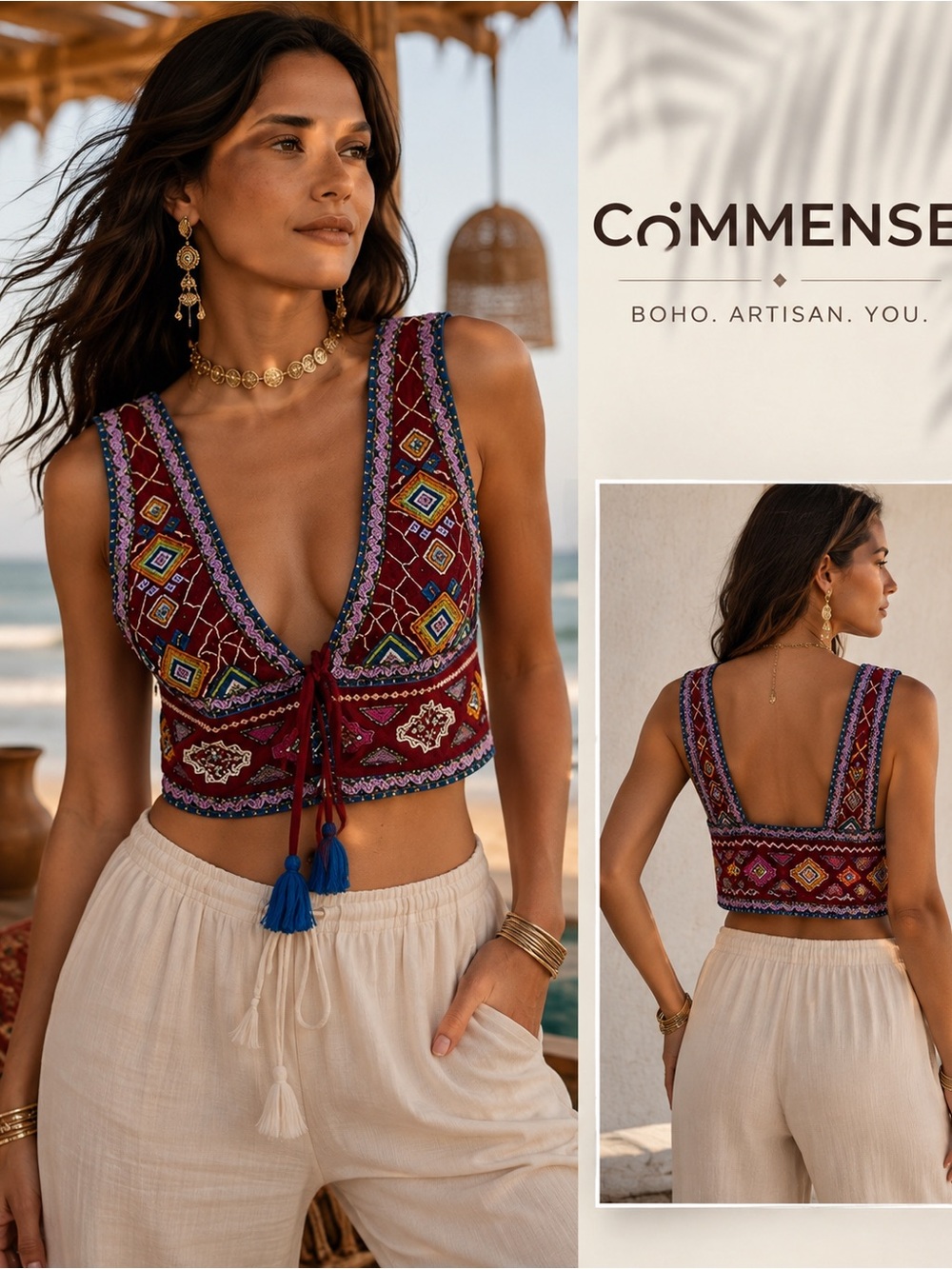 Commense Burgundy Embroidered Boho Crop Top Tassels vest NWT Large Festival C7